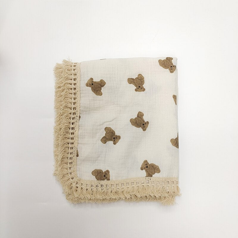 Newborn Organic Cotton Blanket Cartoon Bear Print with Tassel