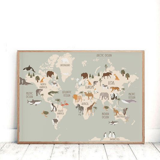 Animal World Map Nursery Wall Art Canvas